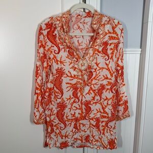 Barbara Gerwit orange & White Sea horse 100% cotton beaded tunic blouse sz large
